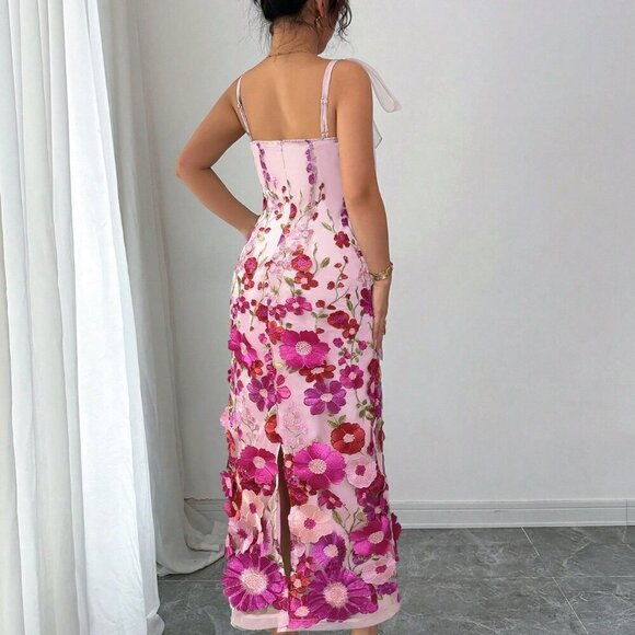 Hot Pink Elegant Women's Mesh 3d Flower print Strap tie Maxi Dress - Picture 2 of 4